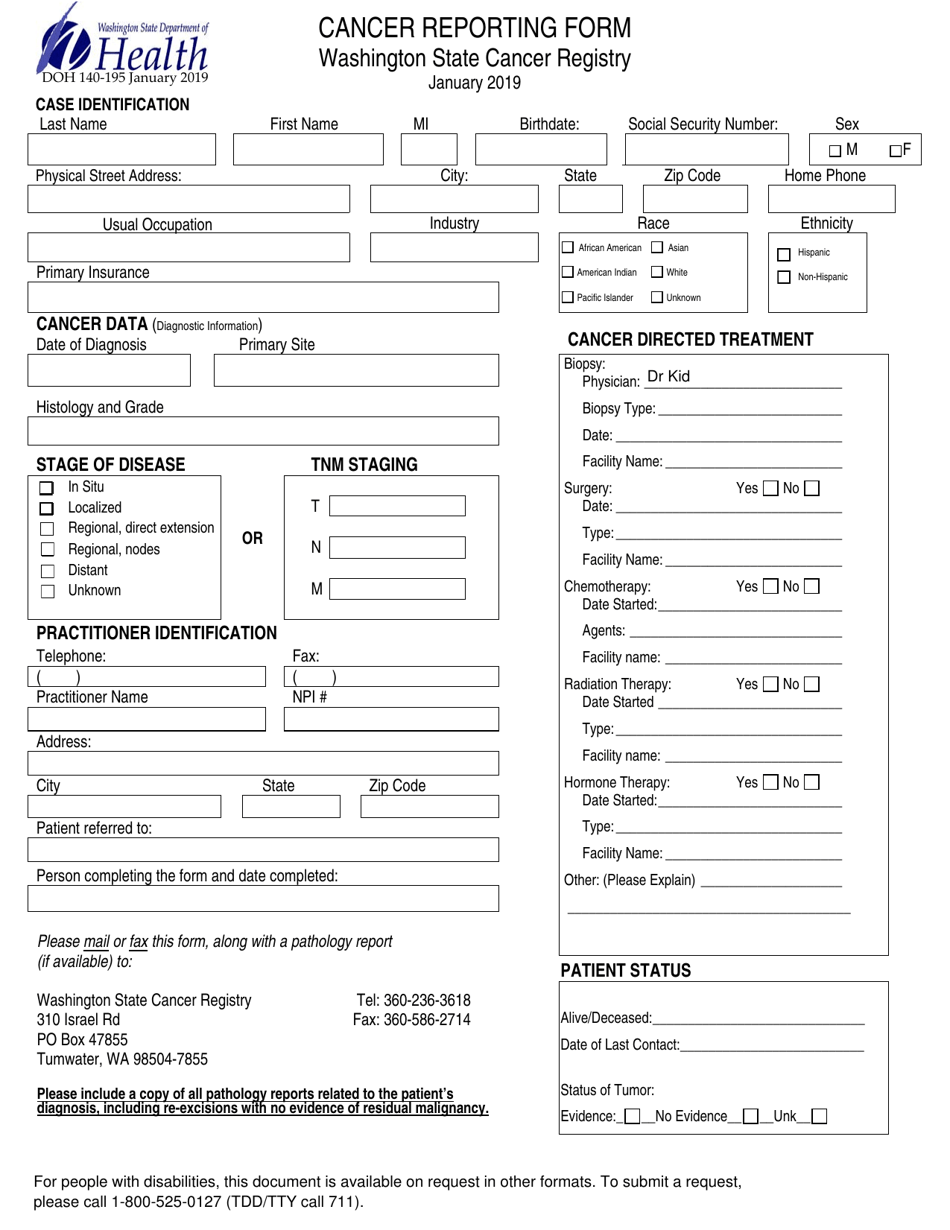 DOH Form 140-195 Cancer Reporting Form - Washington, Page 1