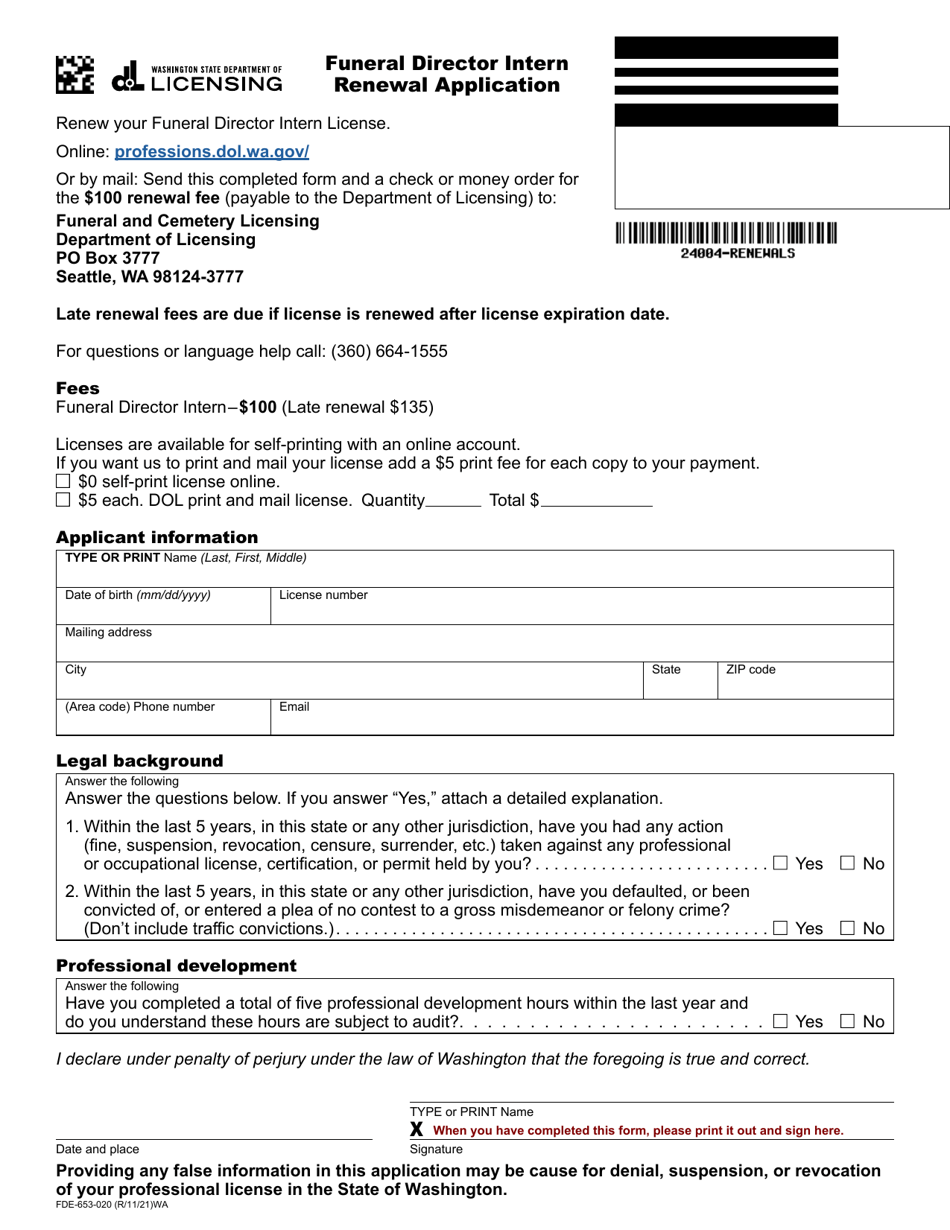 Form FDE653020 Download Fillable PDF or Fill Online Funeral Director