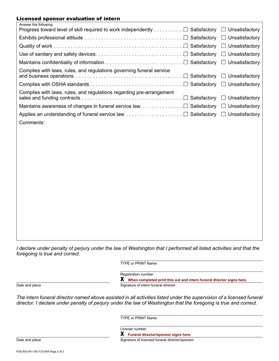 Form FDE-653-041 Funeral Director Intern Training Report - Washington, Page 2