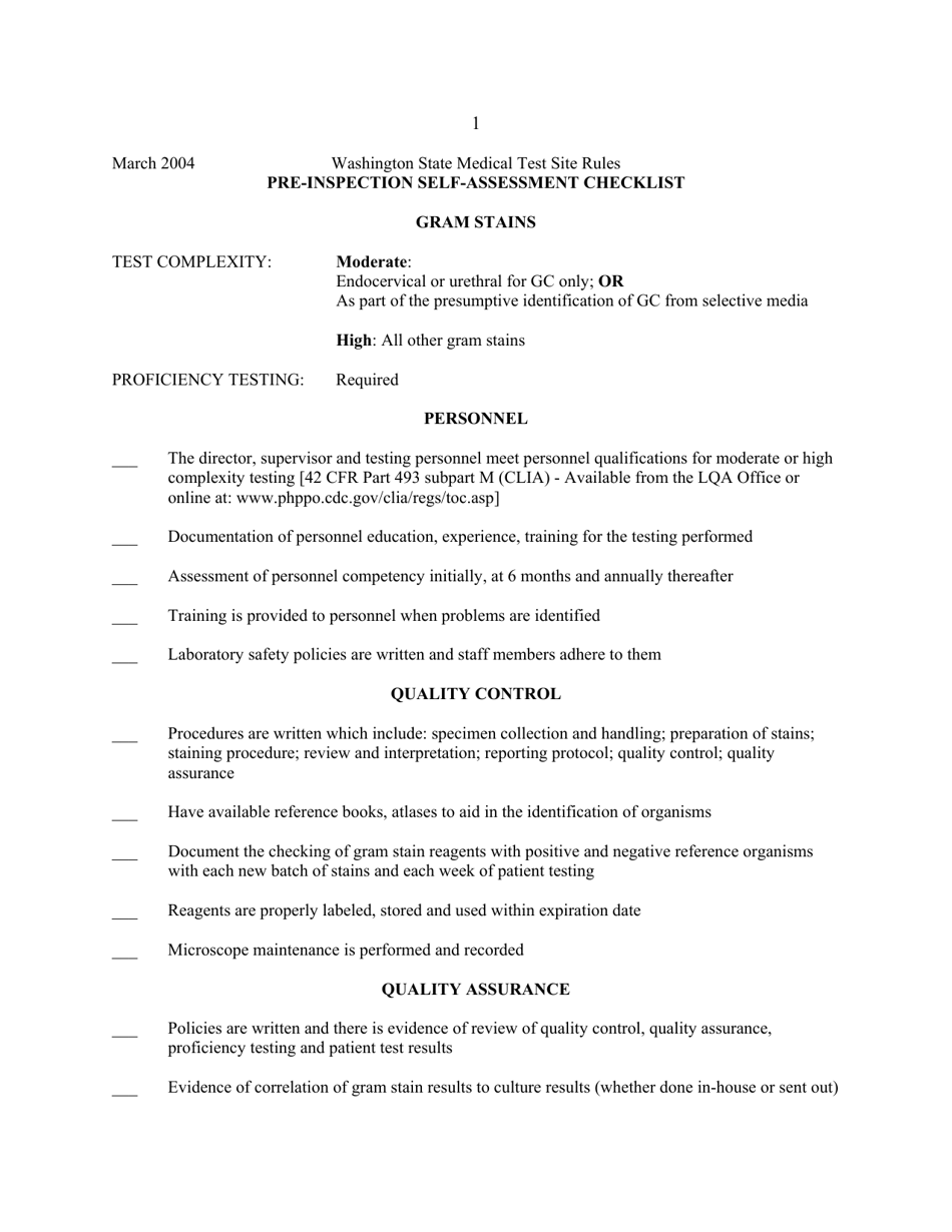 Pre-inspection Self-assessment Checklist - Gram Stains - Washington, Page 1