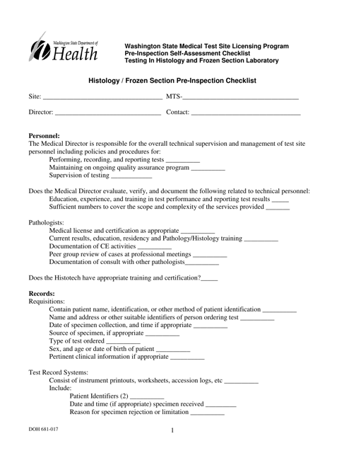 DOH Form 681-017 Histology/Frozen Section Pre-inspection Checklist - Washington State Medical Test Site Licensing Program - Washington