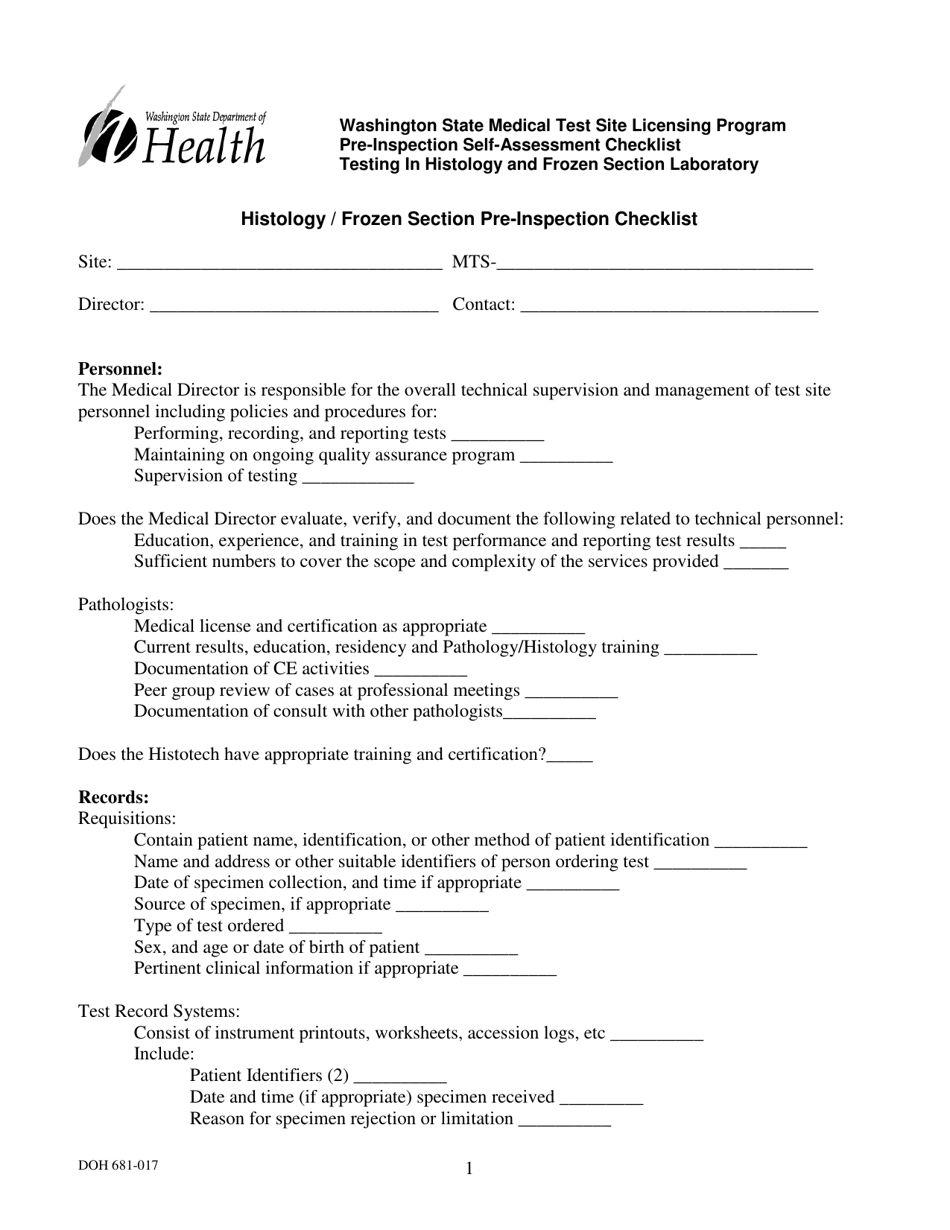 DOH Form 681-017 Histology / Frozen Section Pre-inspection Checklist - Washington State Medical Test Site Licensing Program - Washington, Page 1