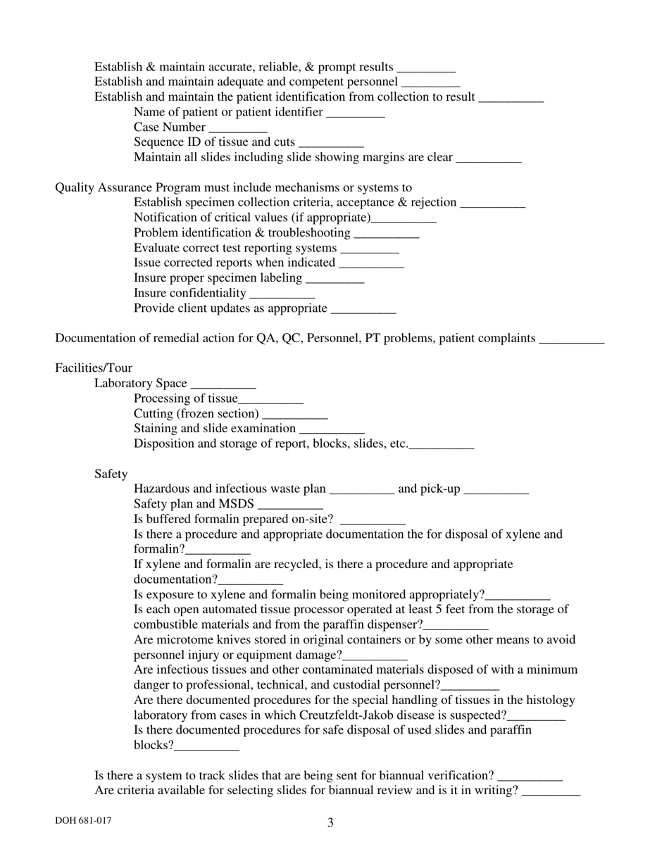 DOH Form 681-017 Histology / Frozen Section Pre-inspection Checklist - Washington State Medical Test Site Licensing Program - Washington, Page 3