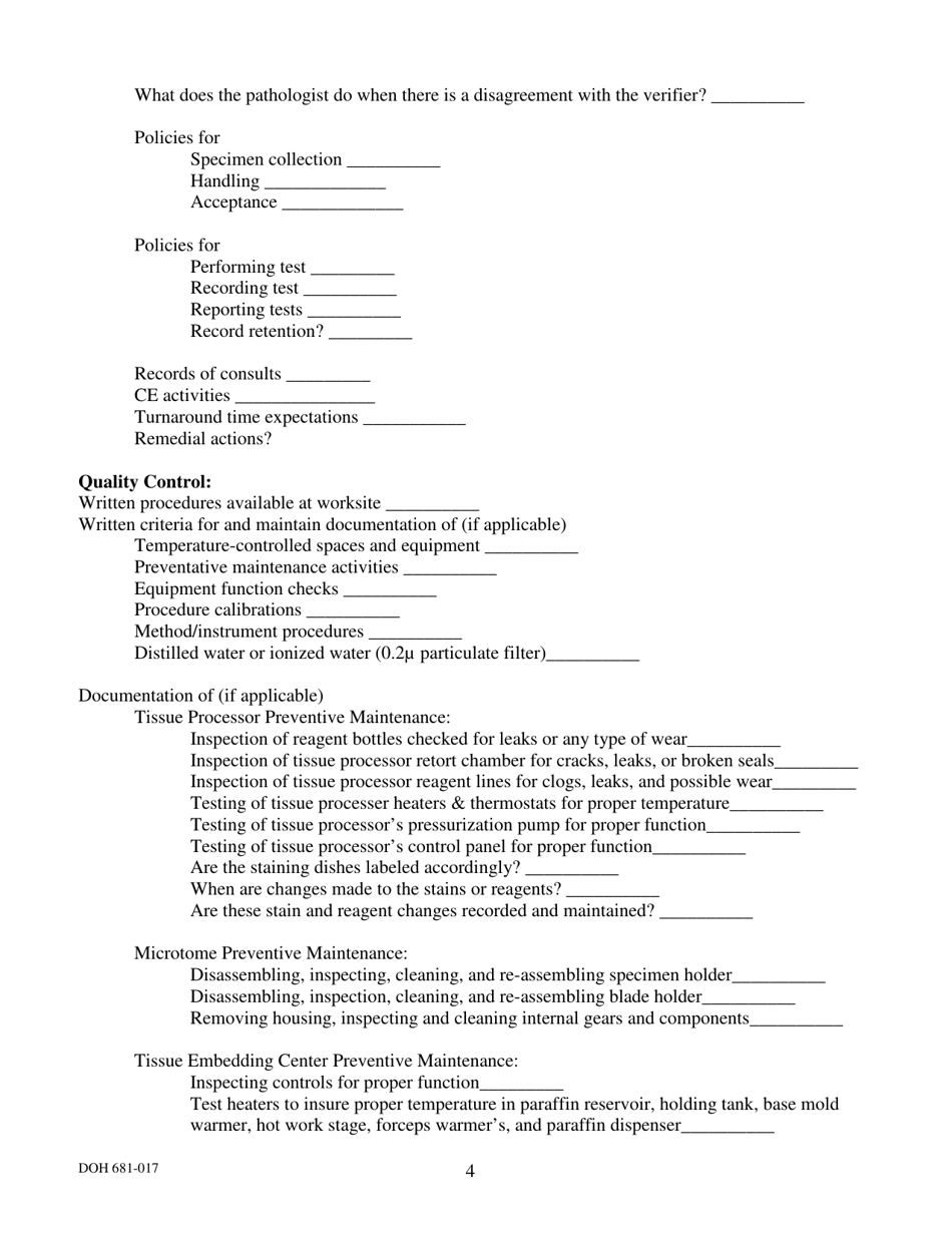 DOH Form 681-017 Histology / Frozen Section Pre-inspection Checklist - Washington State Medical Test Site Licensing Program - Washington, Page 4