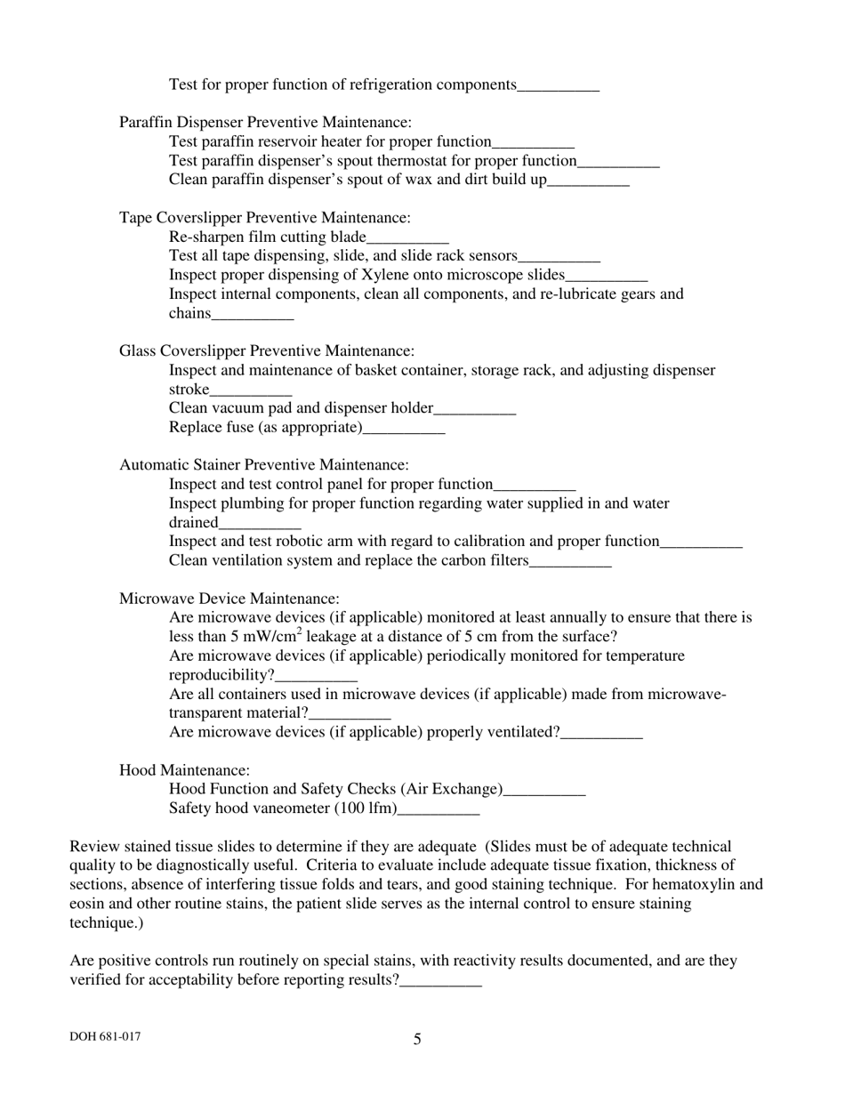 DOH Form 681-017 Histology / Frozen Section Pre-inspection Checklist - Washington State Medical Test Site Licensing Program - Washington, Page 5