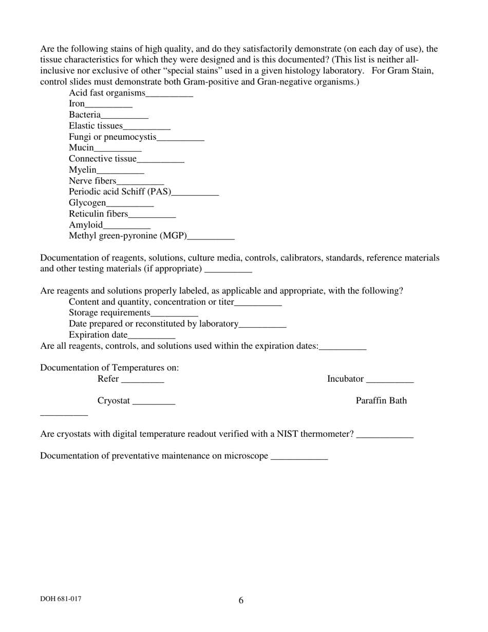 DOH Form 681-017 Histology / Frozen Section Pre-inspection Checklist - Washington State Medical Test Site Licensing Program - Washington, Page 6