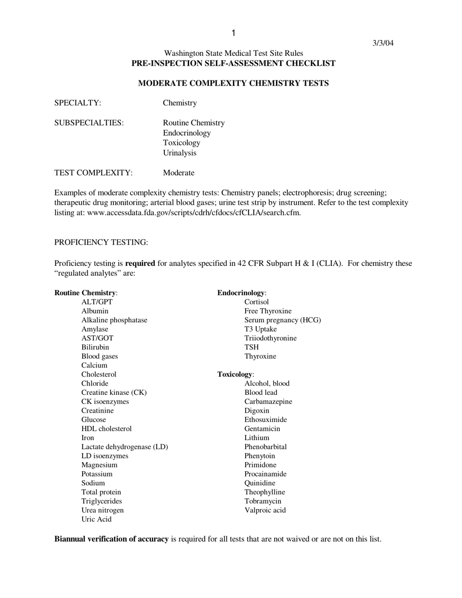 Pre-inspection Self-assessment Checklist - Moderate Complexity Chemistry Tests - Washington, Page 1