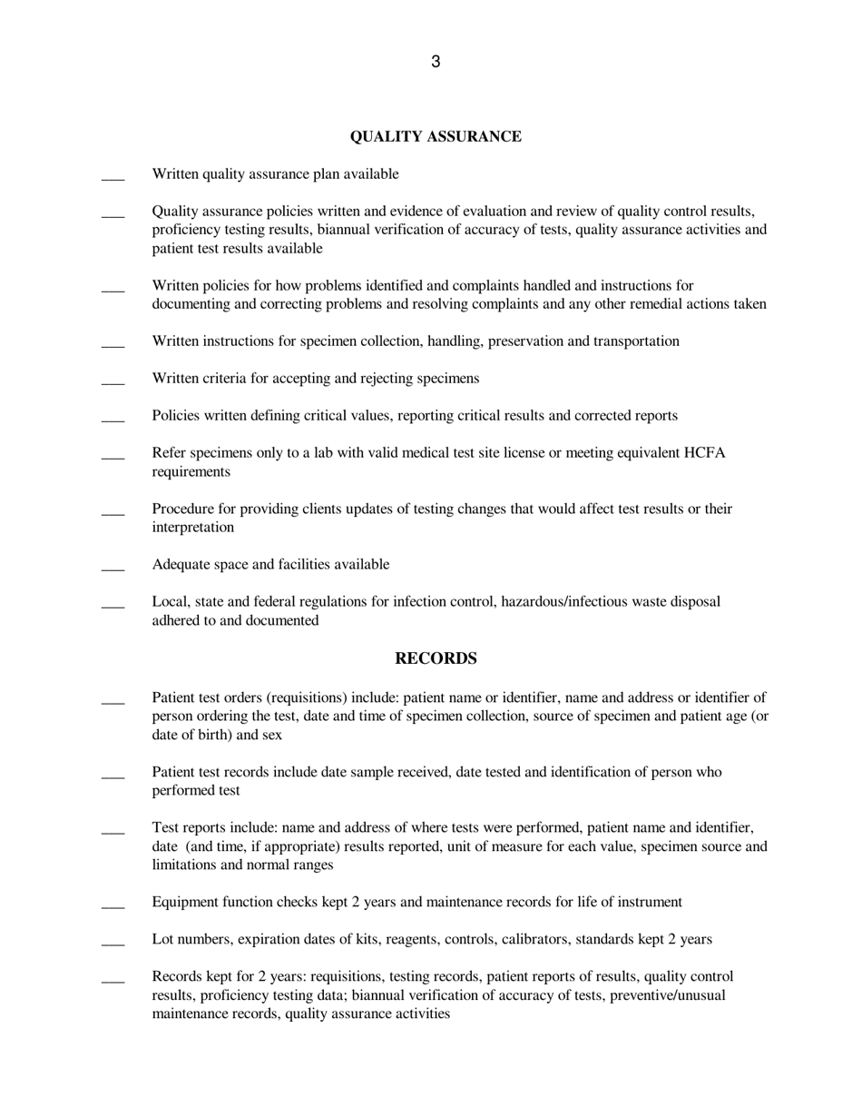 Pre-inspection Self-assessment Checklist - Moderate Complexity Chemistry Tests - Washington, Page 3