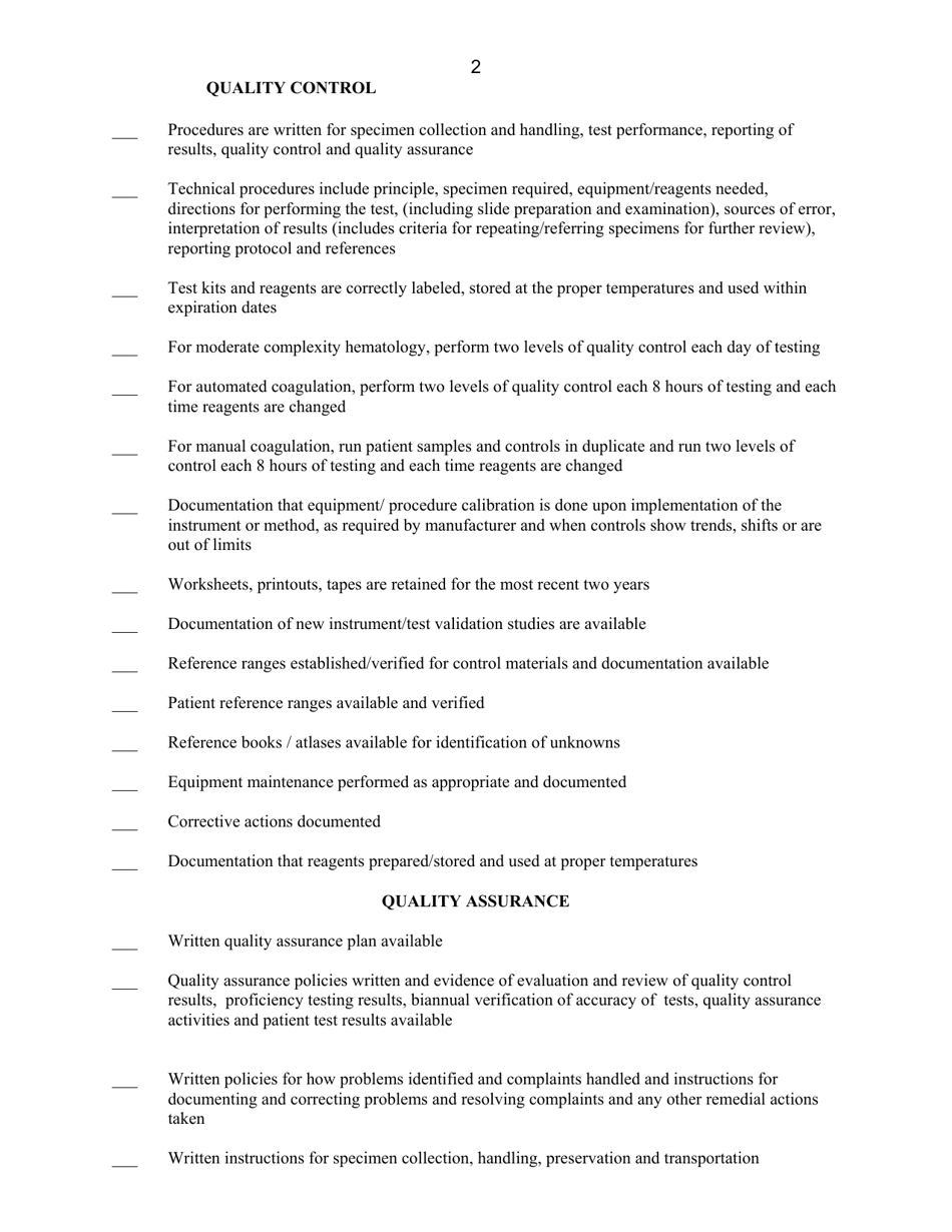 Pre-inspection Self-assessment Checklist - Moderate Complexity Hematology / Coagulation - Washington, Page 2