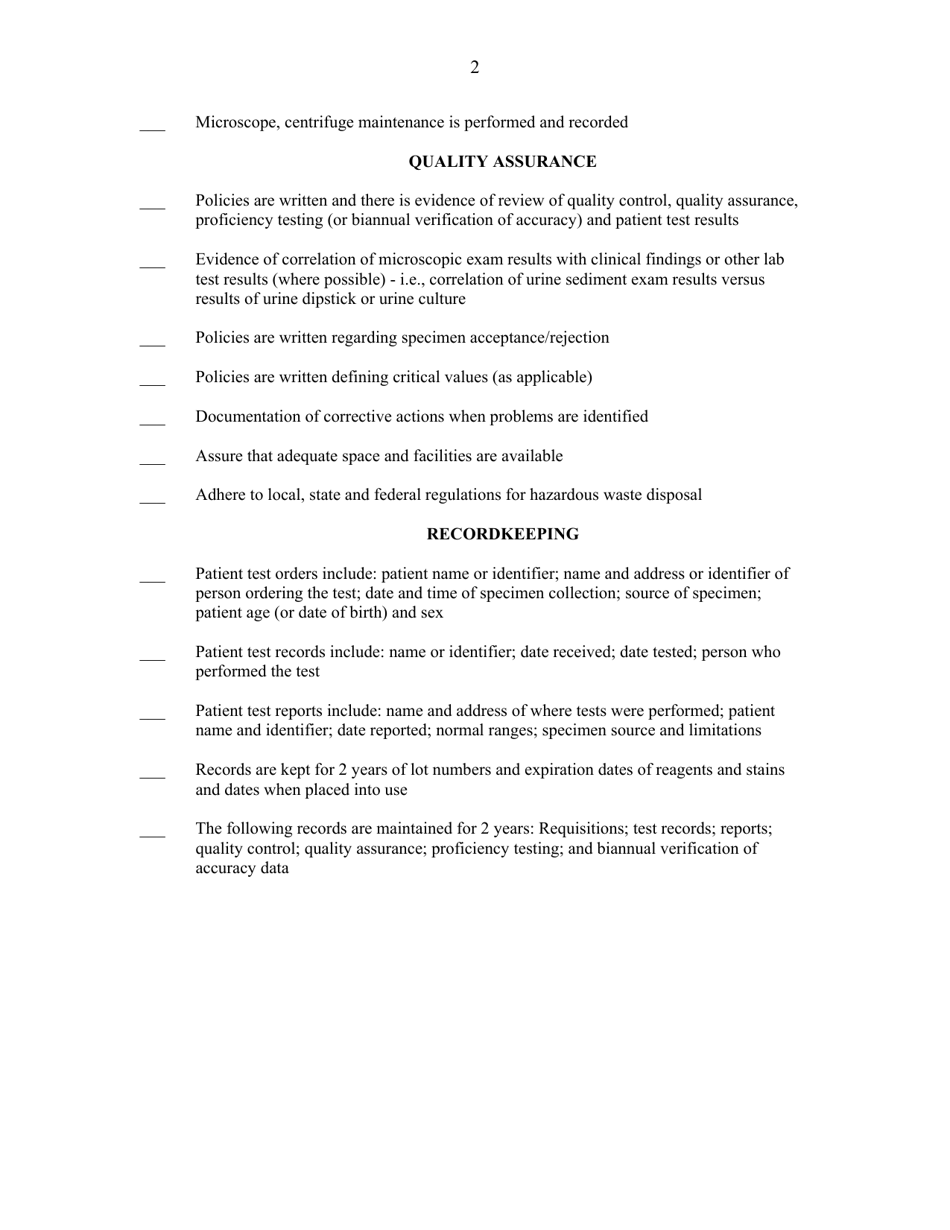 Pre-inspection Self-assessment Checklist - Moderate Complexity Microscopic Examinations - Washington, Page 2