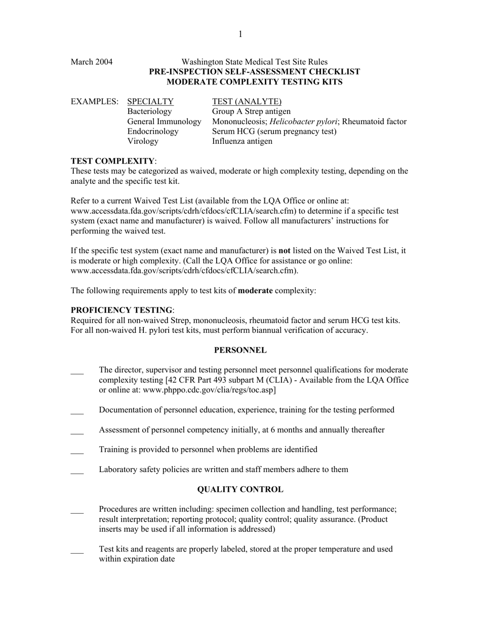 Washington Preinspection Selfassessment Checklist Moderate Complexity Testing Kits Fill