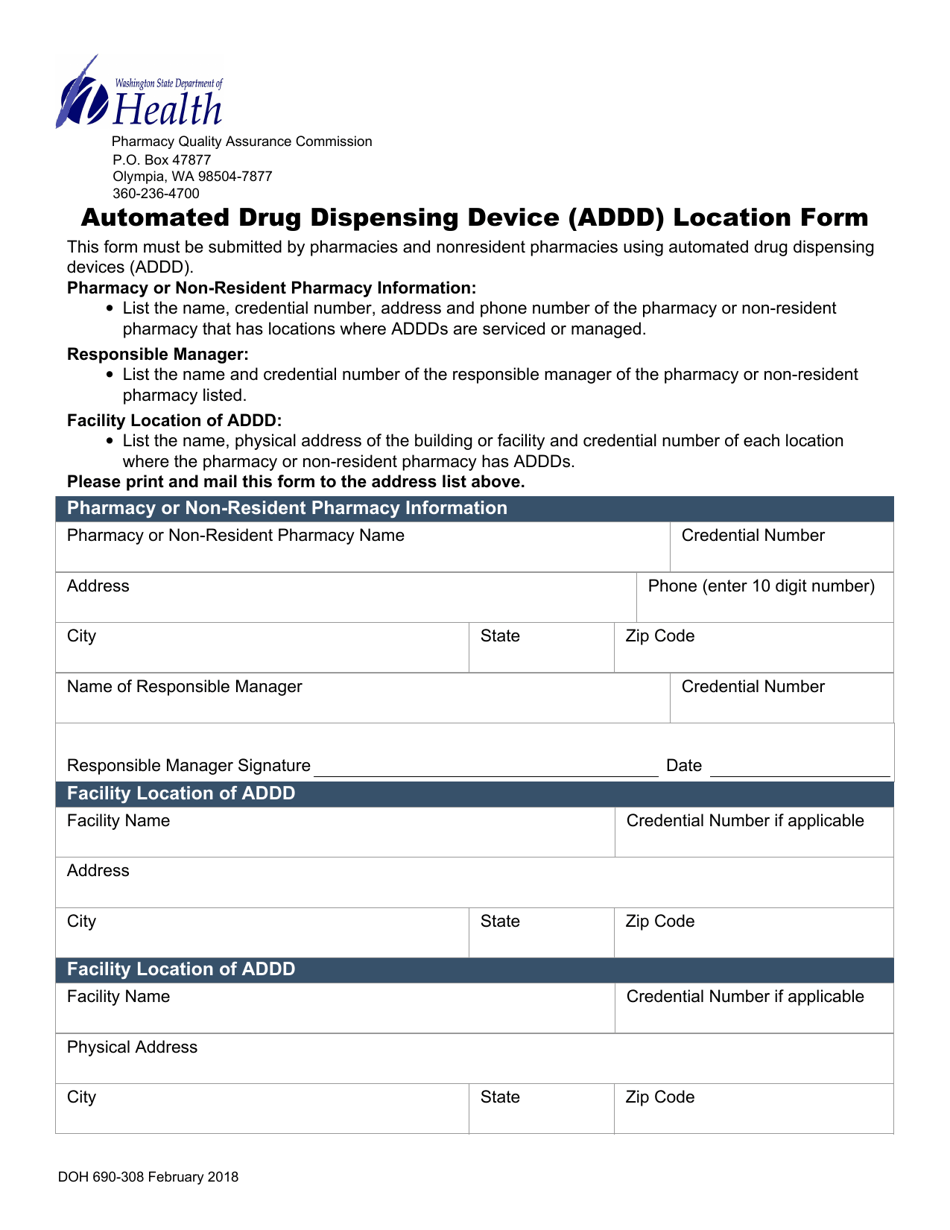 DOH Form 690-308 Automated Drug Dispensing Device (Addd) Location Form - Washington, Page 1