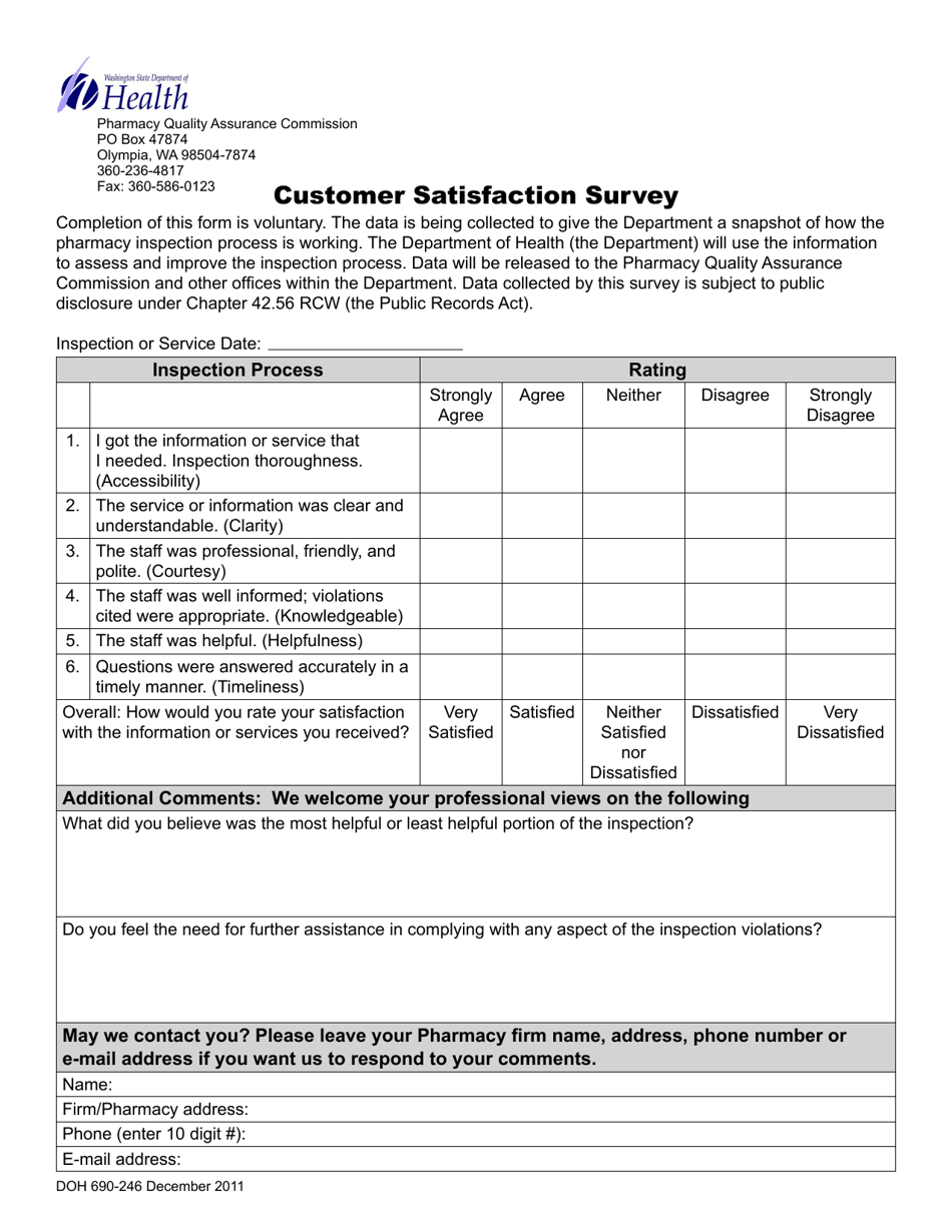 DOH Form 690-246 Customer Satisfaction Survey - Washington, Page 1