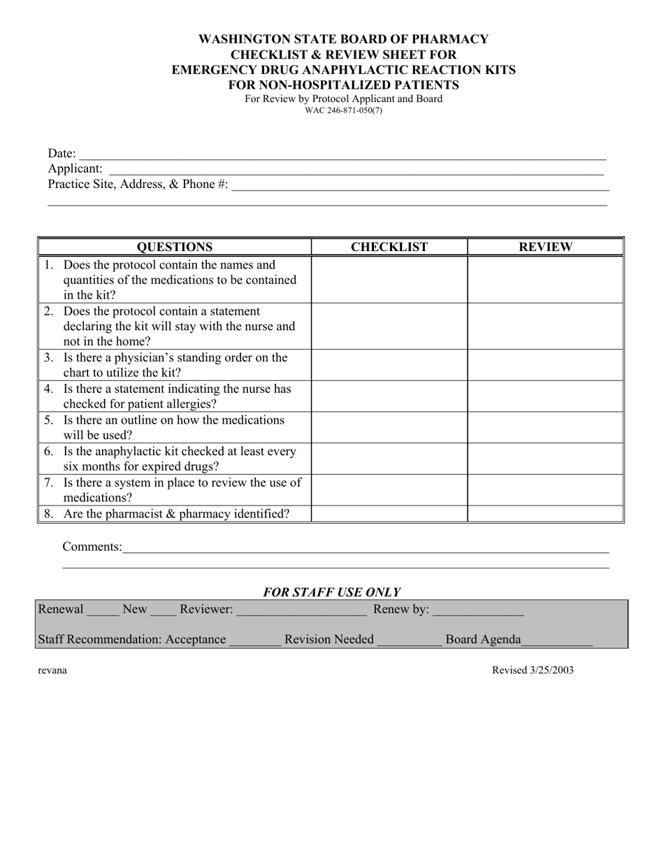 Checklist  Review Sheet for Emergency Drug Anaphylactic Reaction Kits for Non-hospitalized Patients - Washington, Page 1