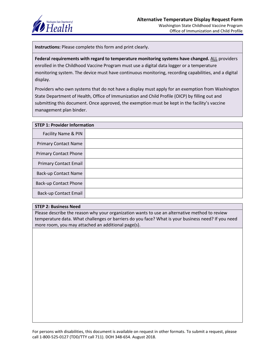 DOH Form 348-654 Alternative Temperature Display Request Form - Washington State Childhood Vaccine Program - Washington, Page 1