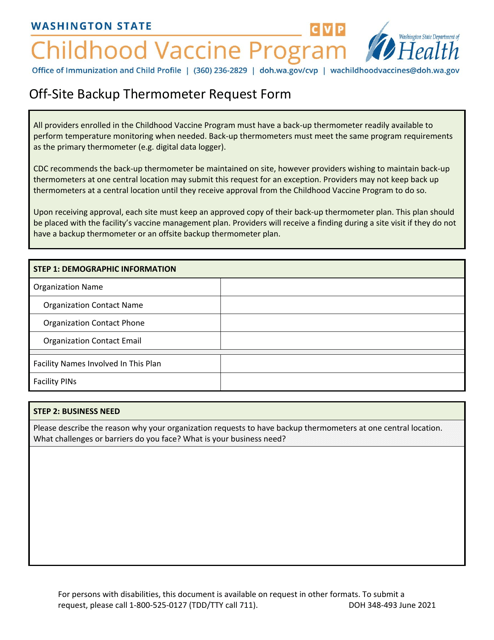 DOH Form 348-493 Off-Site Backup Thermometer Request Form - Childhood Vaccine Program - Washington