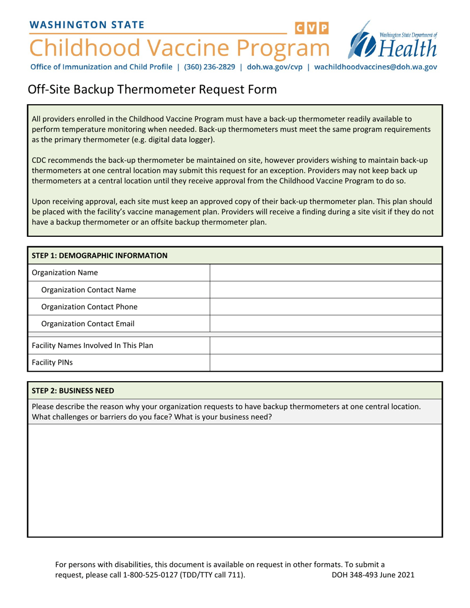 DOH Form 348-493 Off-Site Backup Thermometer Request Form - Childhood Vaccine Program - Washington, Page 1