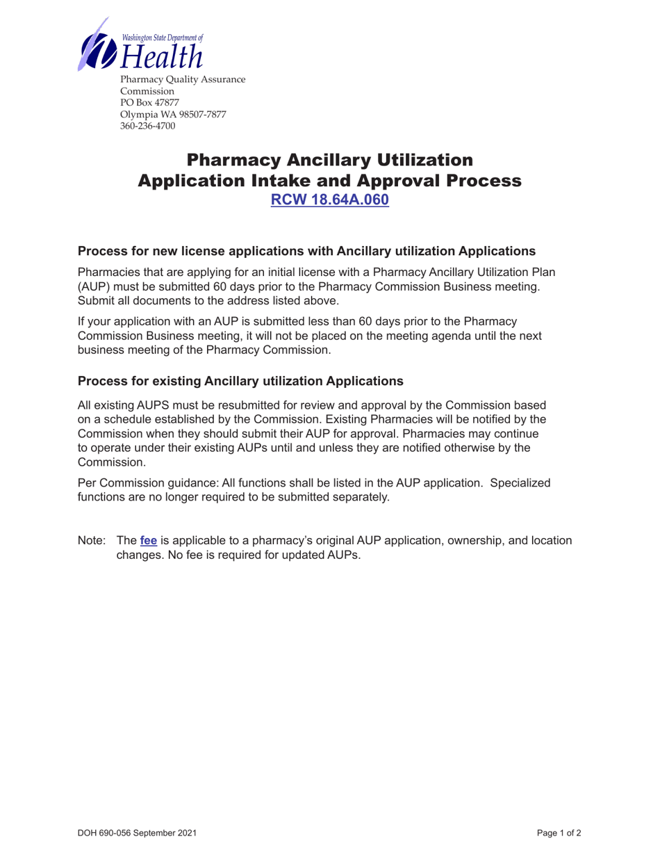 DOH Form 690-056 Pharmacy Ancillary Utilization Application - Washington, Page 1