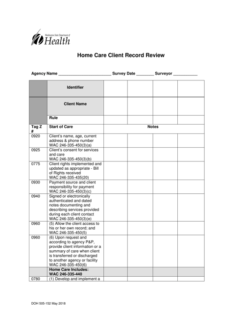 DOH Form 505-152 Home Care Client Record Review - Washington