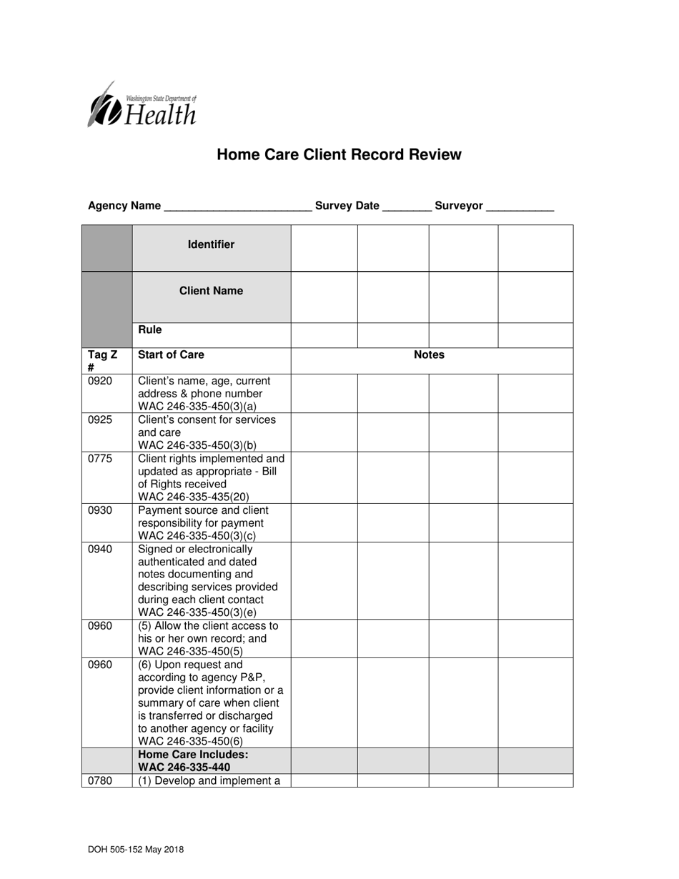 DOH Form 505-152 Home Care Client Record Review - Washington, Page 1