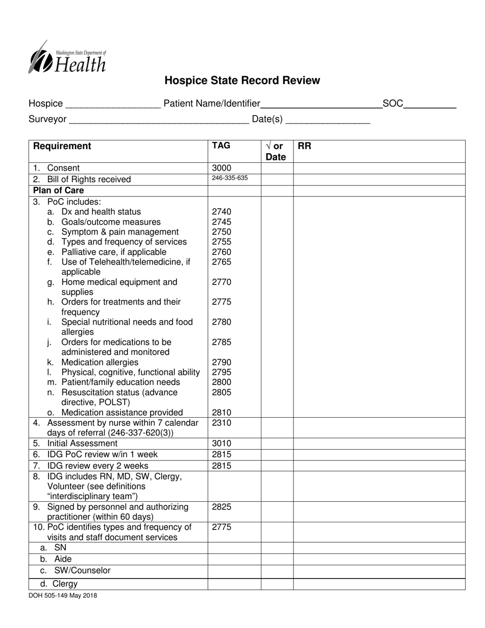 DOH Form 505-149 Hospice State Record Review - Washington, Page 1