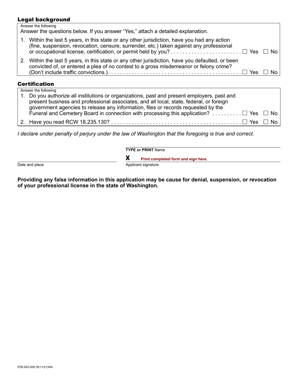 Form FDE-653-006 Funeral Director and Embalmer Academic Intern Registration Application - Washington, Page 2