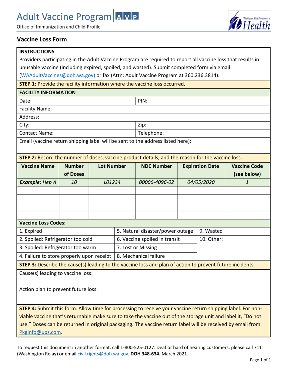 DOH Form 348-634 Vaccine Loss Form - Adult Vaccine Program - Washington, Page 1