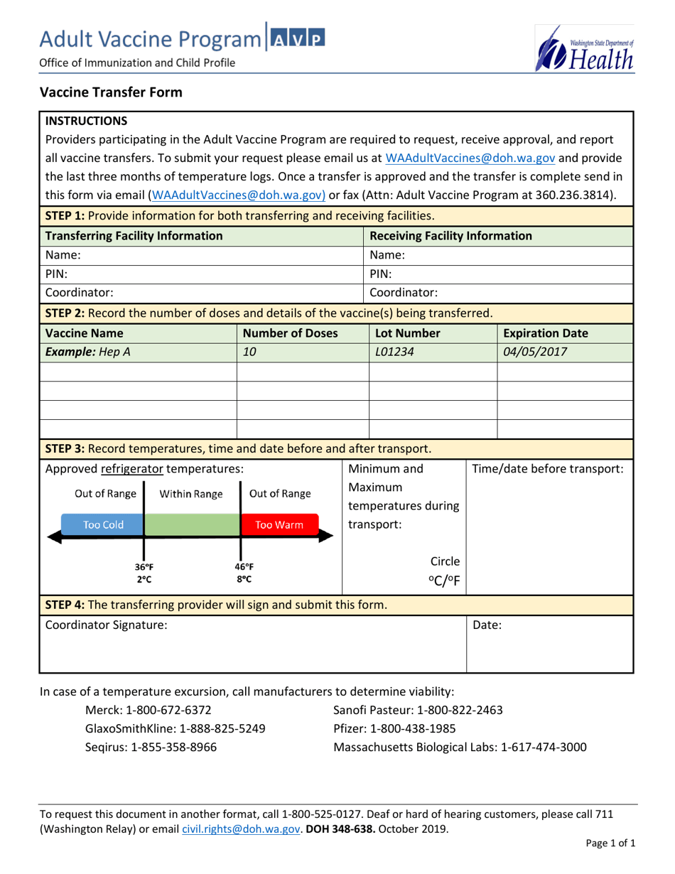 DOH Form 348-638 Vaccine Transfer Form - Adult Vaccine Program - Washington, Page 1