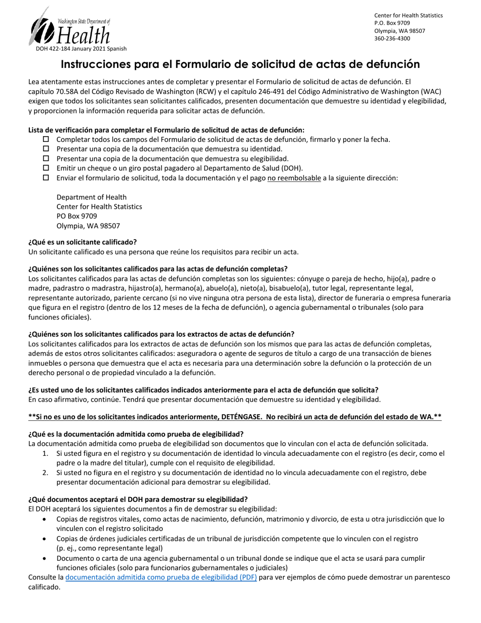 DOH Formulario 422-184 Formulario De Solicitud Por Correo De Actas De Defuncion - Washington (Spanish), Page 1