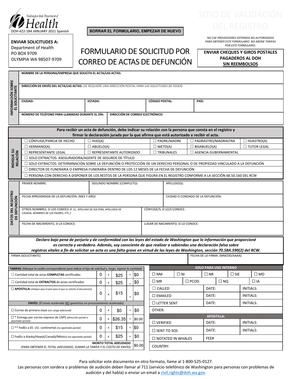 DOH Formulario 422-184 Formulario De Solicitud Por Correo De Actas De Defuncion - Washington (Spanish), Page 3