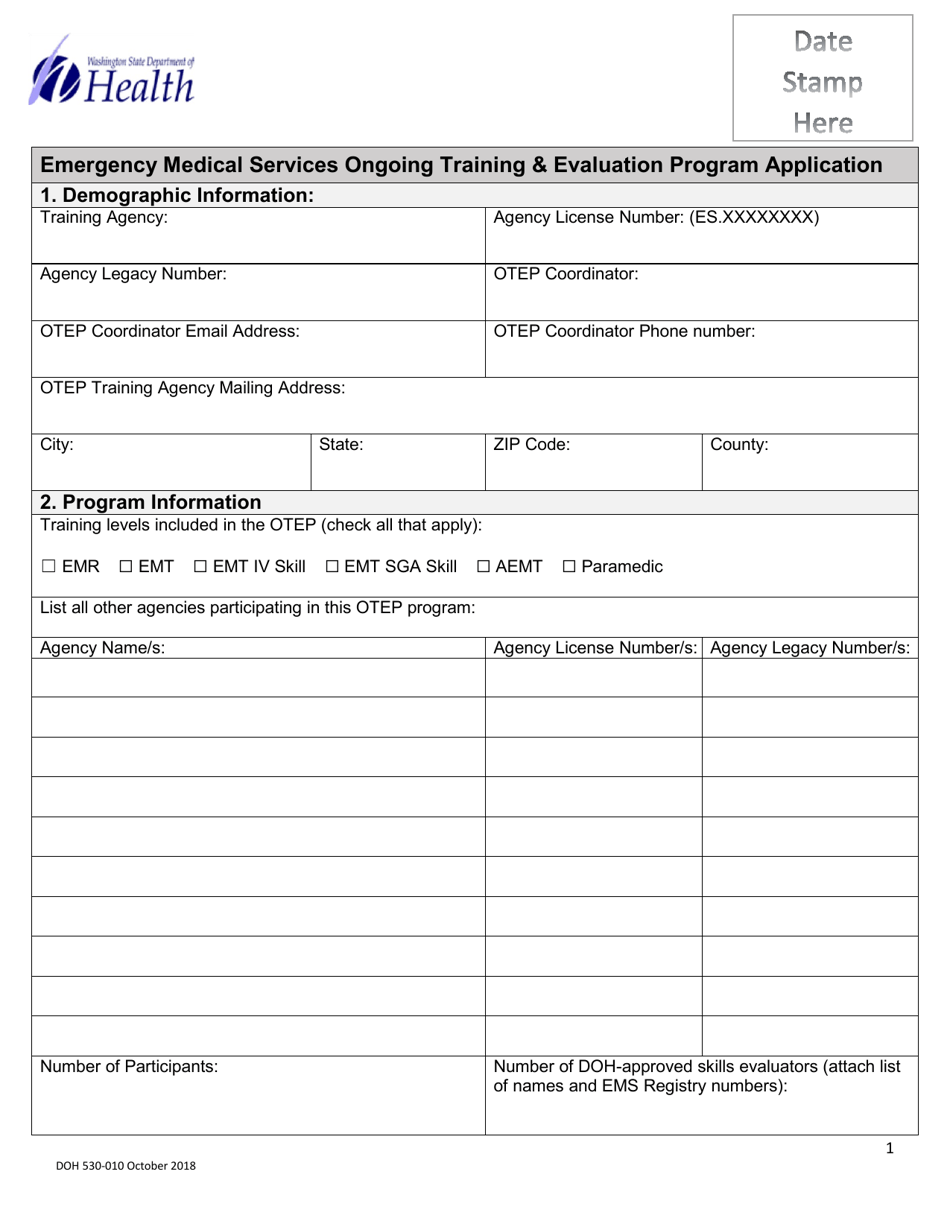 DOH Form 530-010 Emergency Medical Services Ongoing Training  Evaluation Program Application - Washington, Page 1