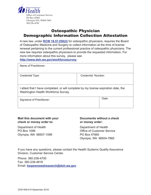 DOH Form 606-015 Osteopathic Physician Demographic Information Collection Attestation - Washington