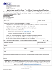 Document preview: DOH Form 346-104 Volunteer and Retired Providers License Certification - Washington