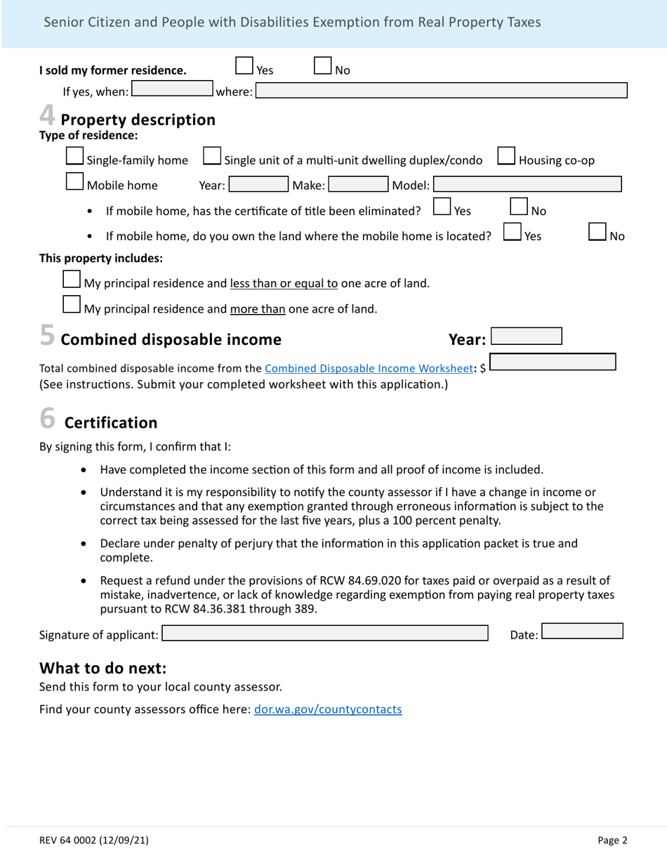 Form REV64 0002 Senior Citizen and People With Disabilities Exemption From Real Property Taxes - Washington, Page 2
