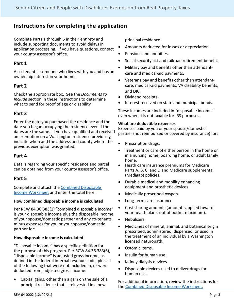 Form REV64 0002 Senior Citizen and People With Disabilities Exemption From Real Property Taxes - Washington, Page 3