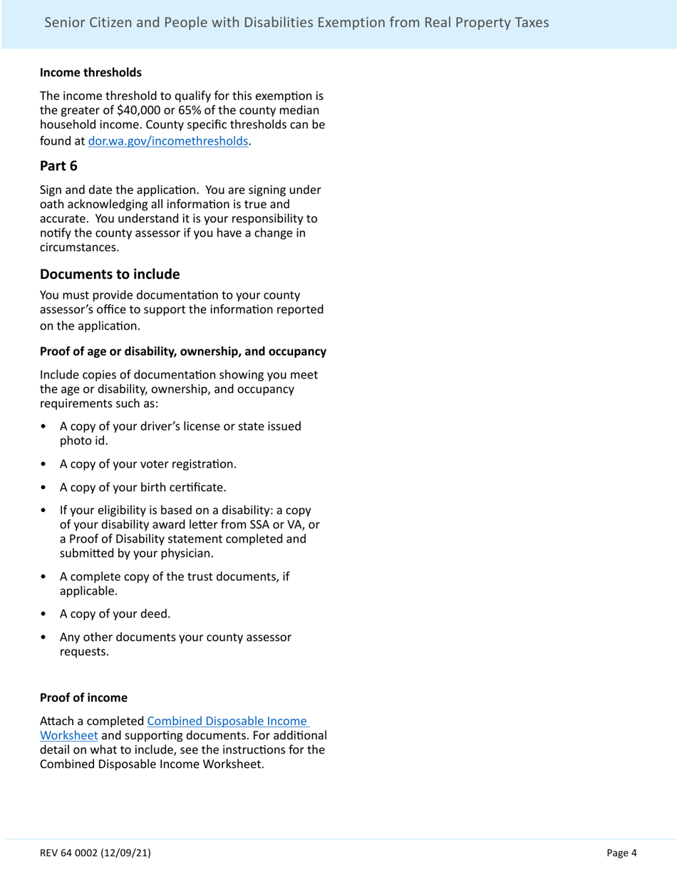 Form REV64 0002 Senior Citizen and People With Disabilities Exemption From Real Property Taxes - Washington, Page 4