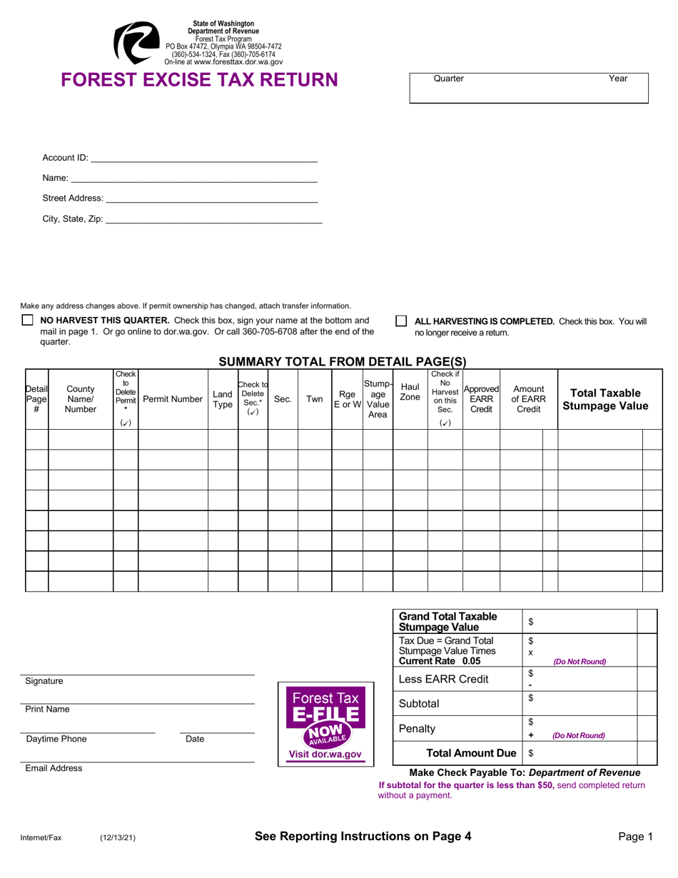 Small Harvester Forest Excise Tax Return - Washington, Page 1