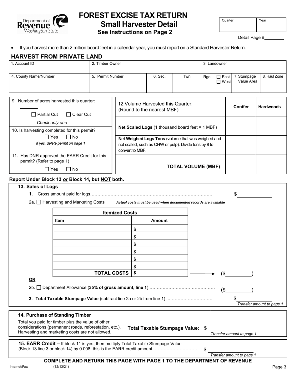 Small Harvester Forest Excise Tax Return - Washington, Page 3