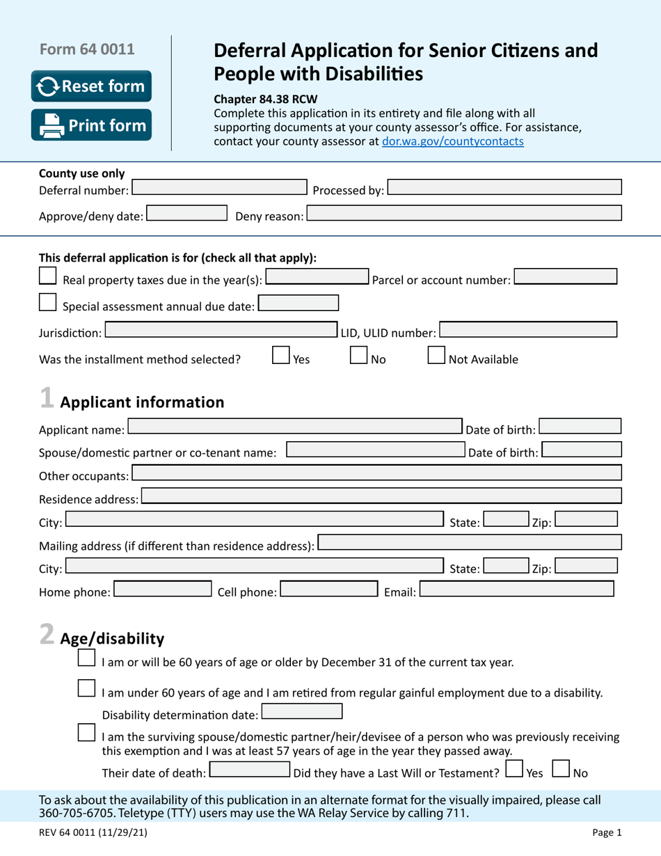 Form REV64 0011 Deferral Application for Senior Citizens and People With Disabilities - Washington, Page 1