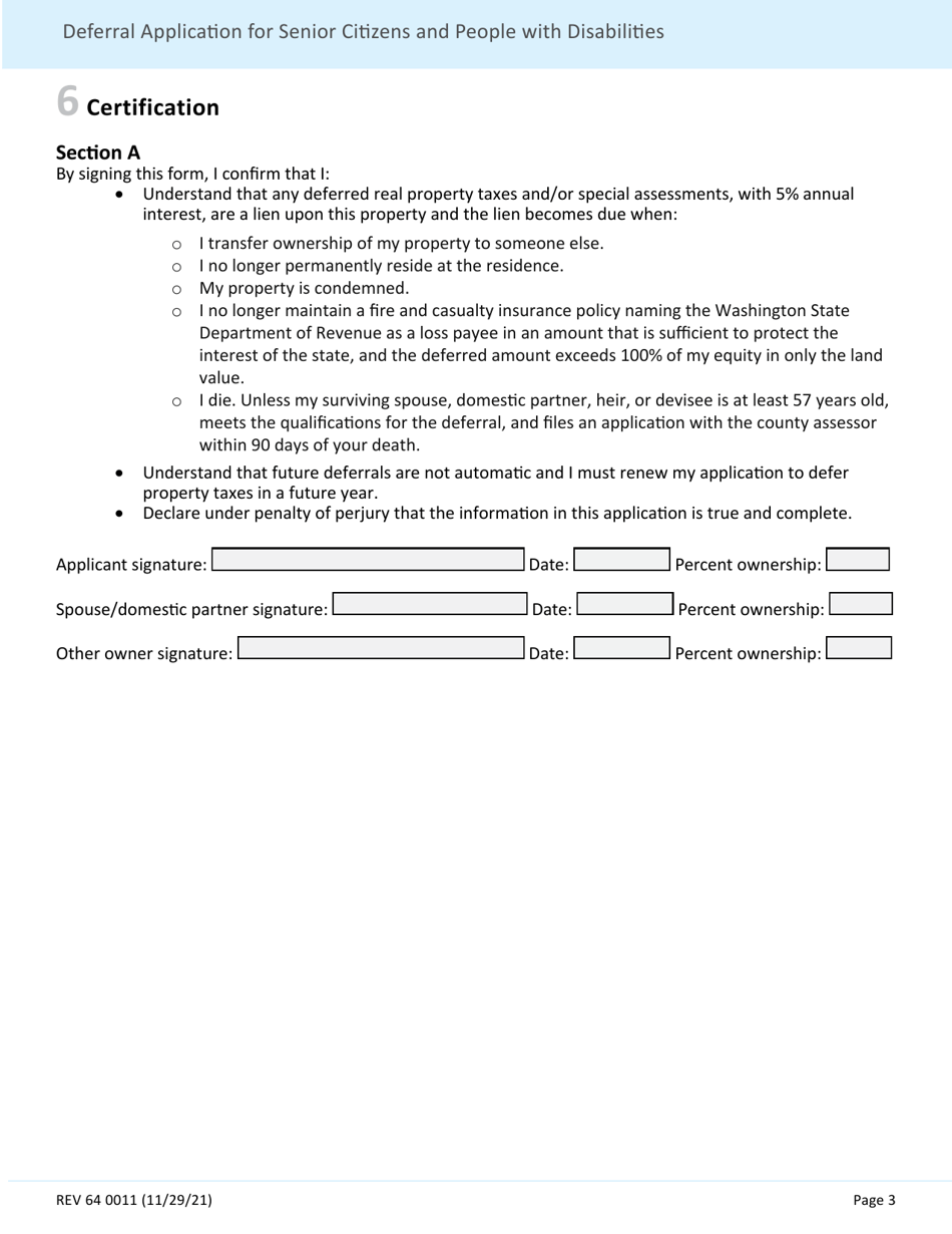 Form REV64 0011 Deferral Application for Senior Citizens and People With Disabilities - Washington, Page 3