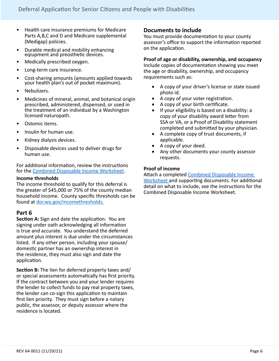 Form REV64 0011 Deferral Application for Senior Citizens and People With Disabilities - Washington, Page 6