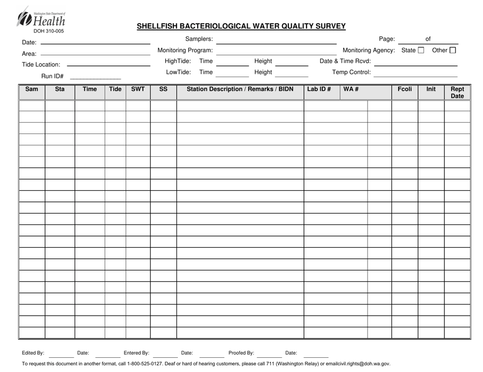 DOH Form 310-005 Shellfish Bacteriological Water Quality Survey - Washington, Page 1