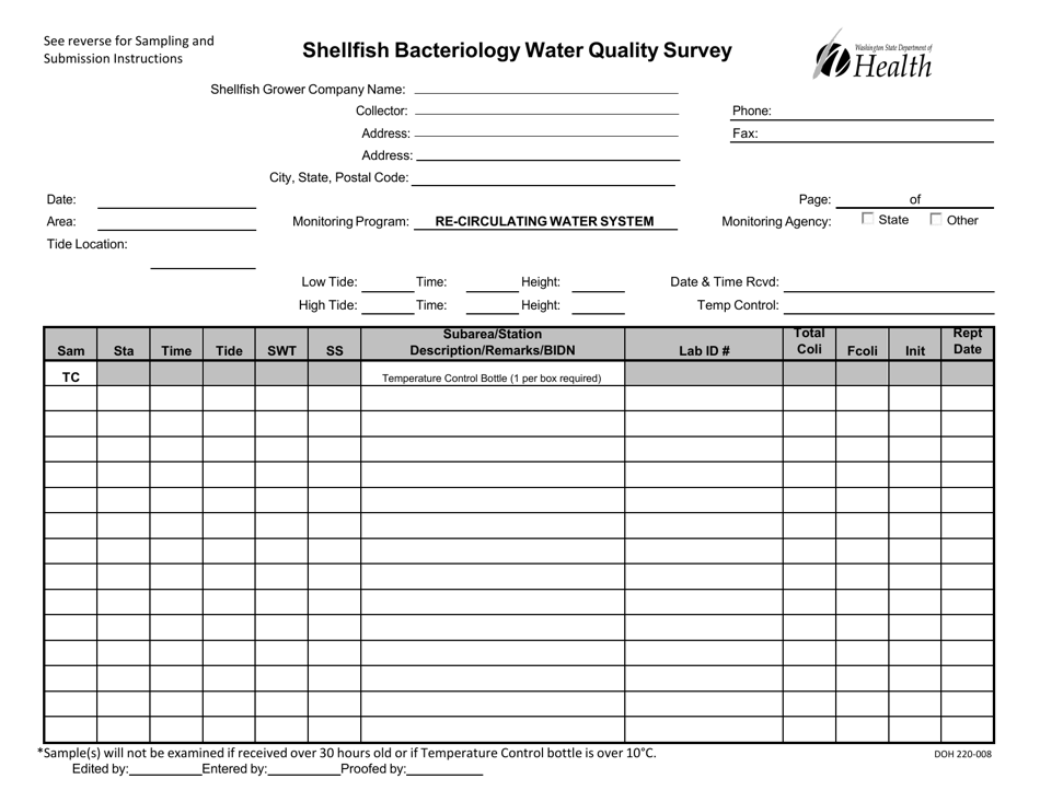 DOH Form 220-008 Shellfish Bacteriology Water Quality Survey - Re-circulating Water System - Washington, Page 1