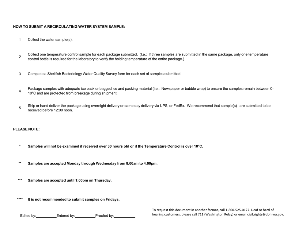 DOH Form 220-008 Shellfish Bacteriology Water Quality Survey - Re-circulating Water System - Washington, Page 2