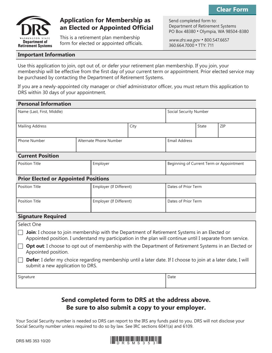 Form DRS MS353 Application for Membership as an Elected or Appointed Official - Washington, Page 1