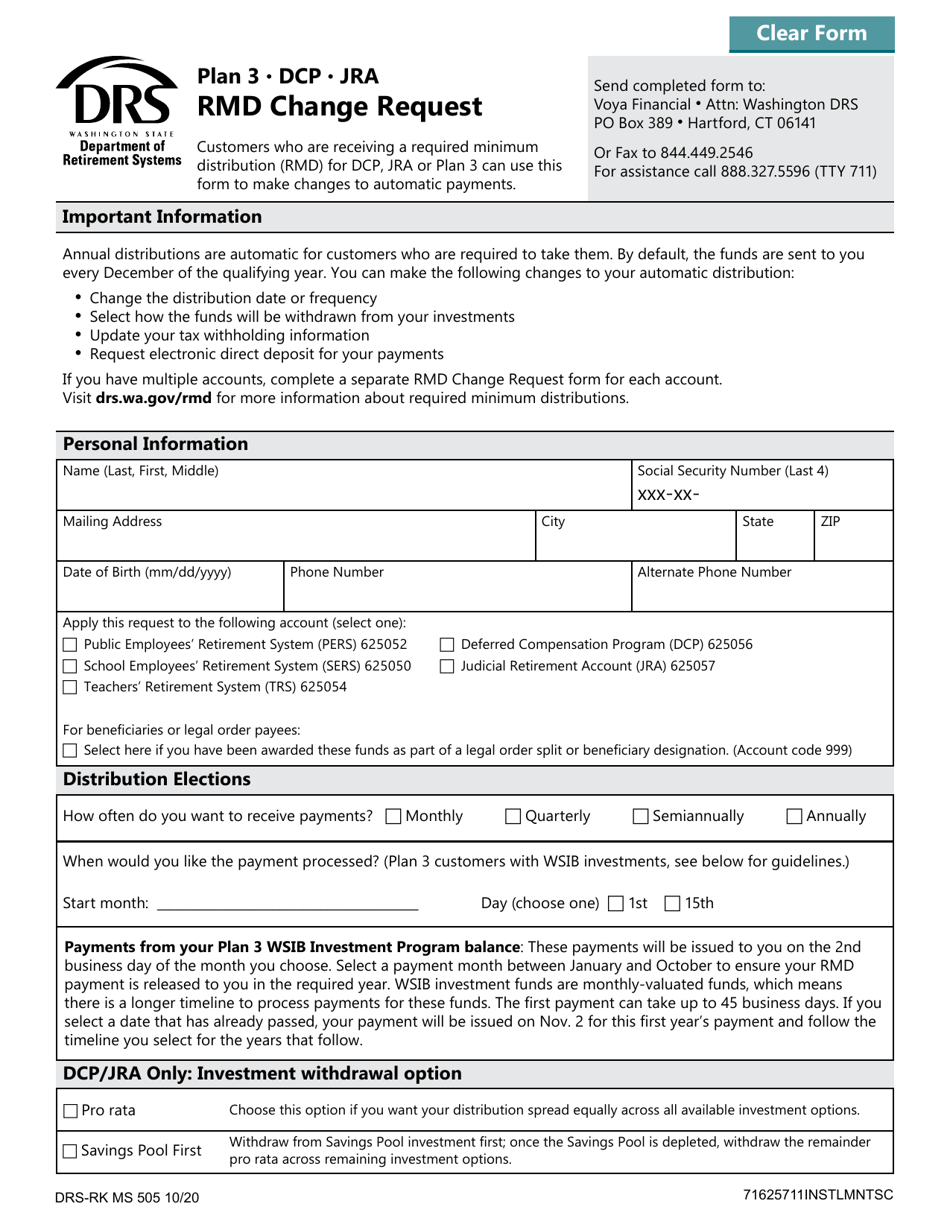 Form DRS-RK MS505 Rmd Change Request: Dcp, Jra or Plan 3 - Washington, Page 1