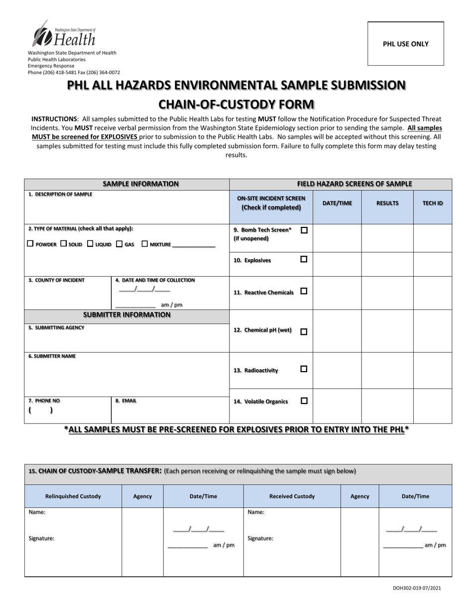 DOH Form 302-019 Phl All Hazards Environmental Sample Submission Chain-Of-Custody Form - Washington, Page 1
