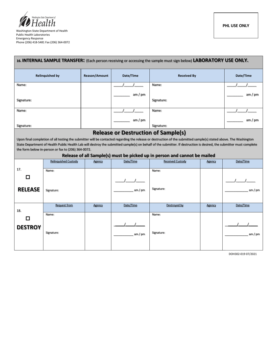 DOH Form 302-019 Phl All Hazards Environmental Sample Submission Chain-Of-Custody Form - Washington, Page 2