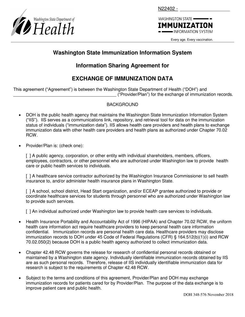 DOH Form 348-576 Information Sharing Agreement for Exchange of Immunization Data - Washington State Immunization Information System - Washington, Page 1