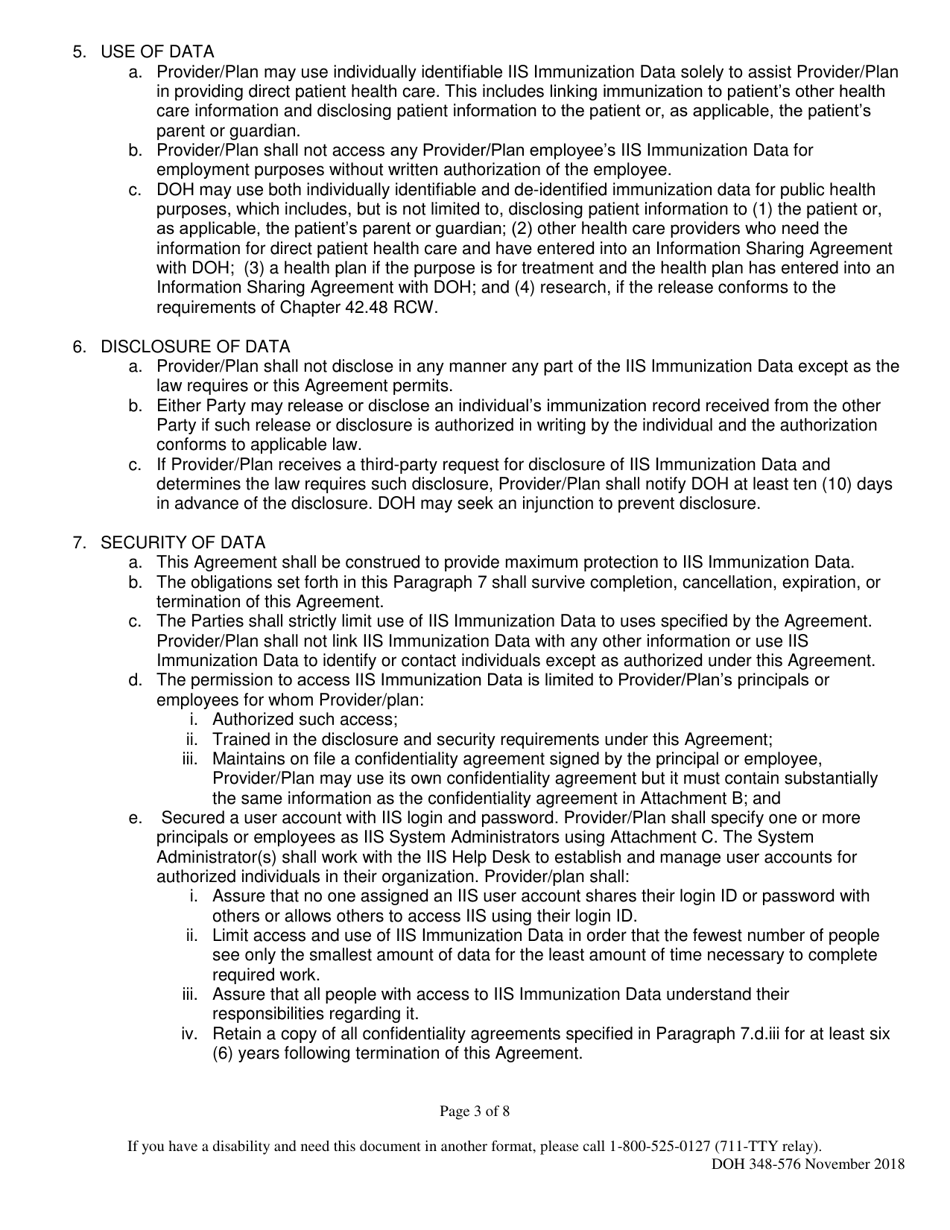 DOH Form 348-576 Information Sharing Agreement for Exchange of Immunization Data - Washington State Immunization Information System - Washington, Page 3